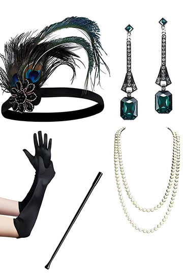 Black Green Sequin Fringe V Neck 1920s Dress with 5-Piece Accessories Set